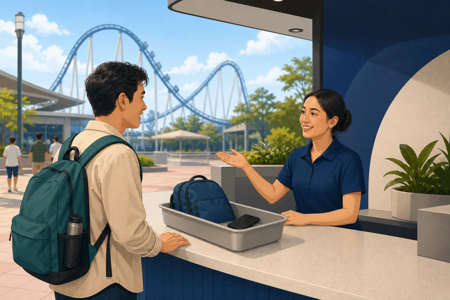 Abstract illustration of a visitor speaking with a generic modern theme-park guest service team about a lost item