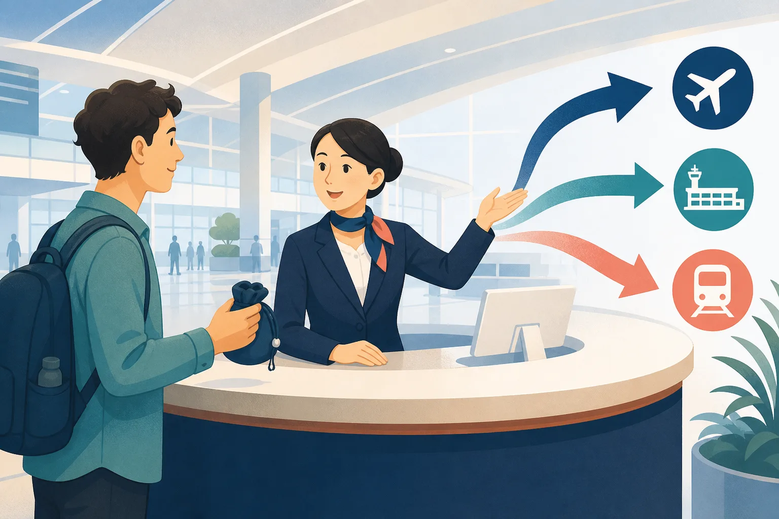 Abstract illustration showing an overseas traveler choosing between airline, airport, and railway lost-item routes
