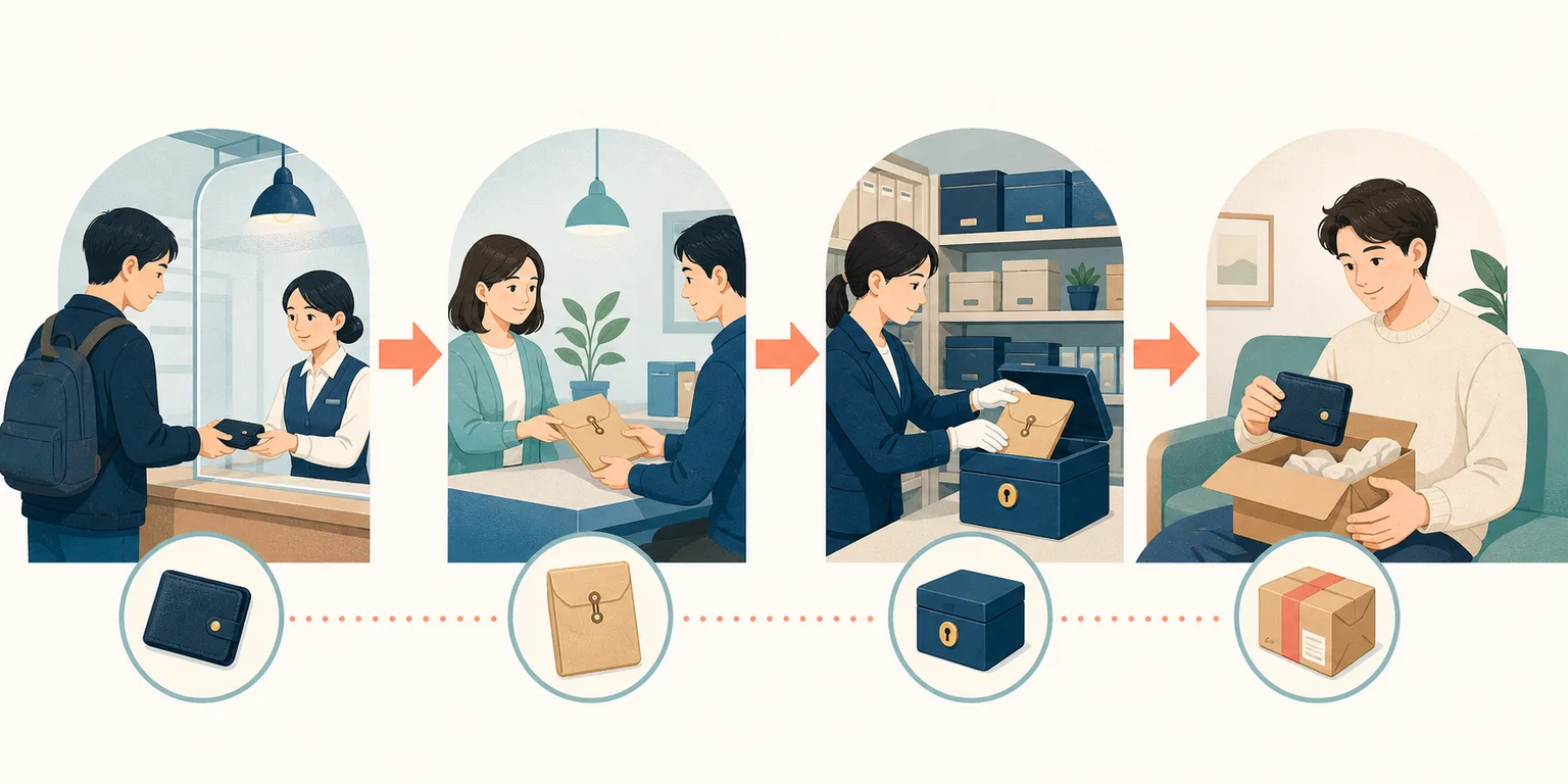 Abstract illustration of a lost item moving through facility, secure storage, and domestic handoff stages