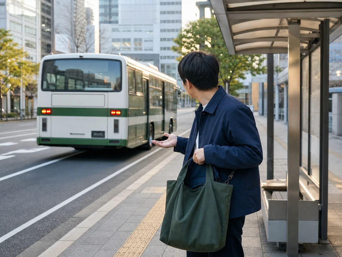 A traveler realizing an item was left on a bus as it departs in Japan — Lost something on a bus in Japan? Report it from overseas