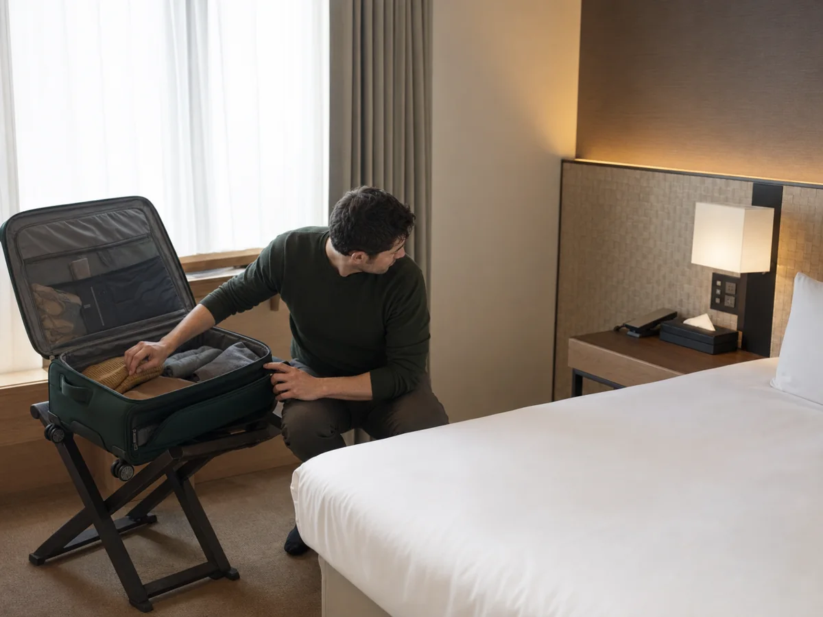 A traveler searching luggage in a Japanese hotel room