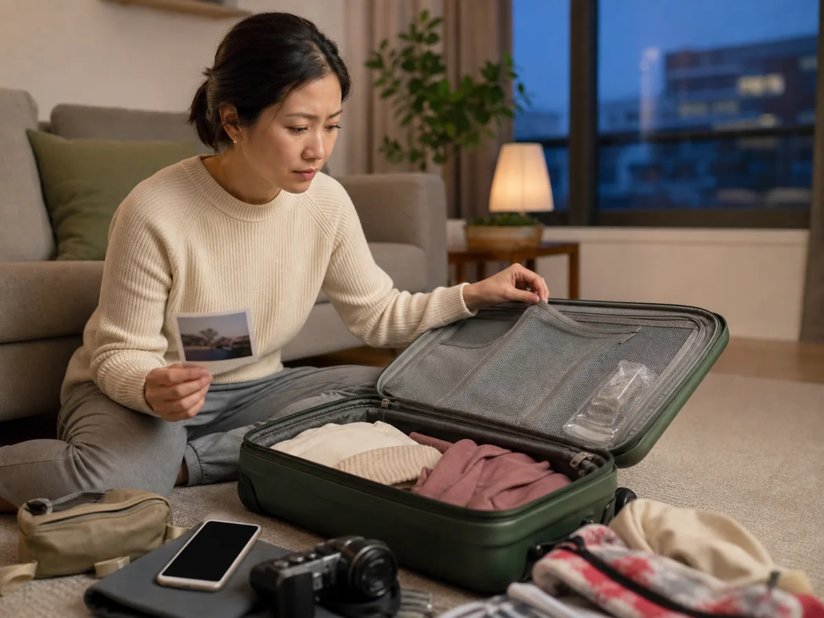 A traveler back home realizing an item is missing after unpacking