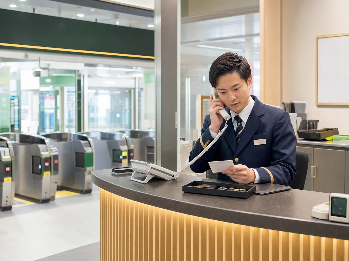 A Japanese station employee handling a lost item inquiry